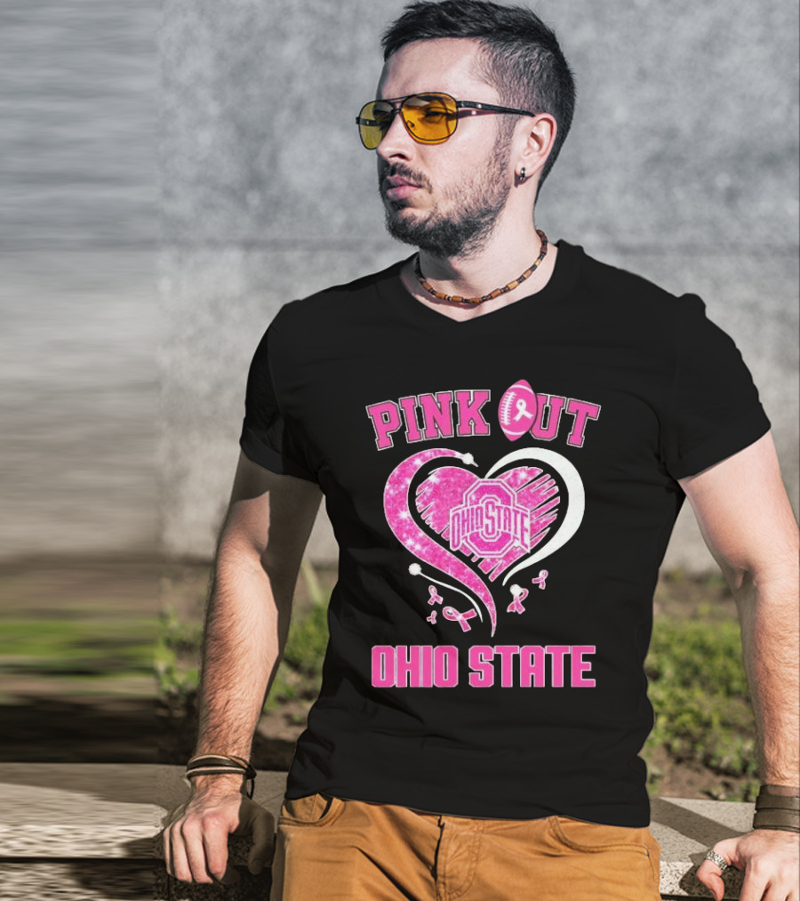 Ohio State Pink Out Breast Cancer Heart Football T-Shirt
