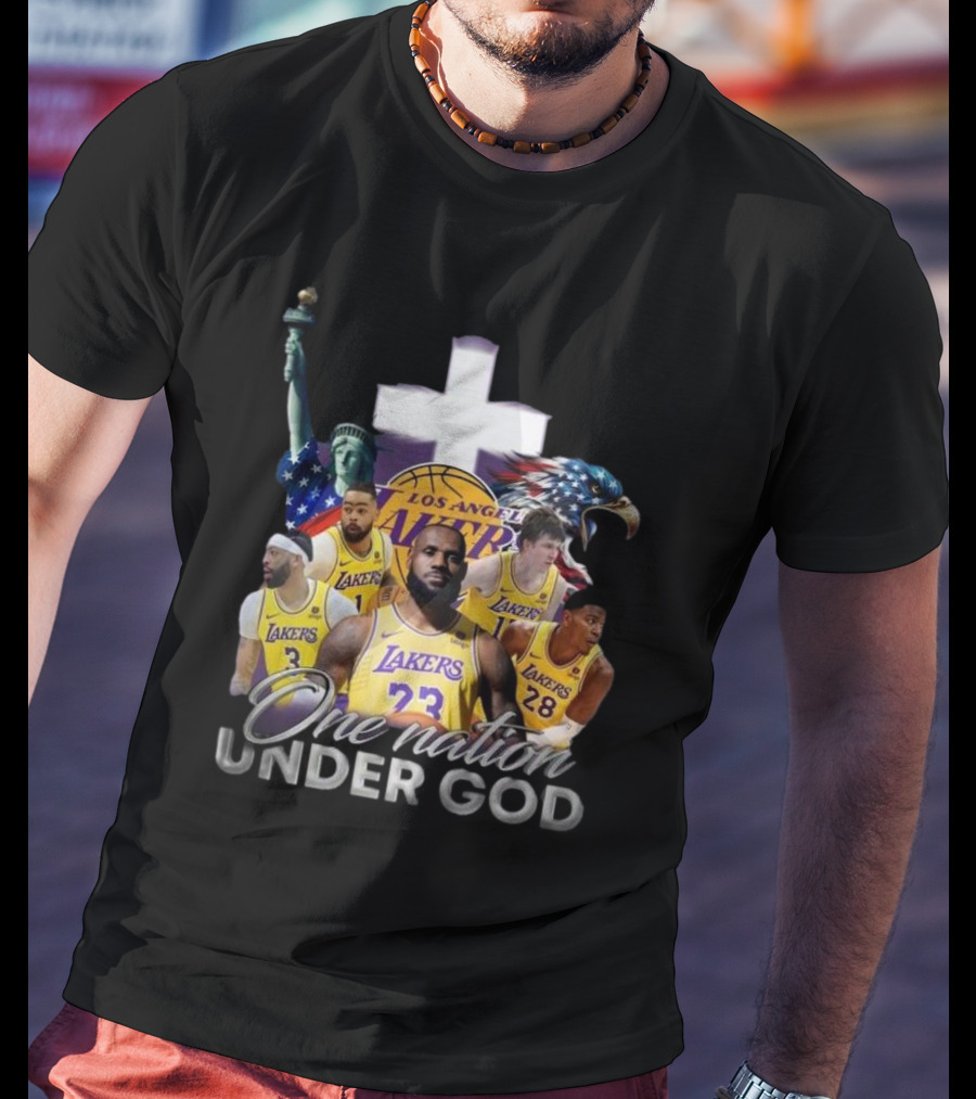 Los Angeles Lakers One Nation Under God Statue Of Liberty Cross Eagle Basketball Players T-Shirt