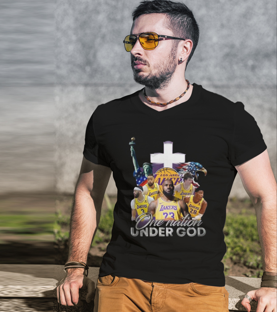 Los Angeles Lakers One Nation Under God Statue Of Liberty Cross Eagle Basketball Players T-Shirt