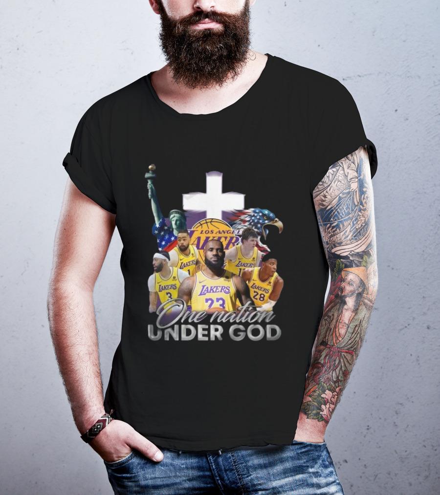 Los Angeles Lakers One Nation Under God Statue Of Liberty Cross Eagle Basketball Players T-Shirt
