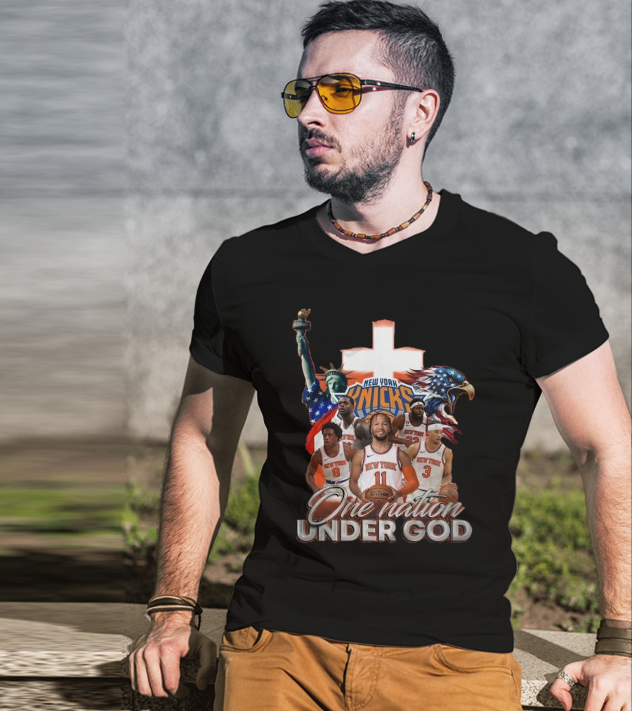 New York Knicks One Nation Under God Statue Of Liberty American Eagle Basketball Players T-Shirt