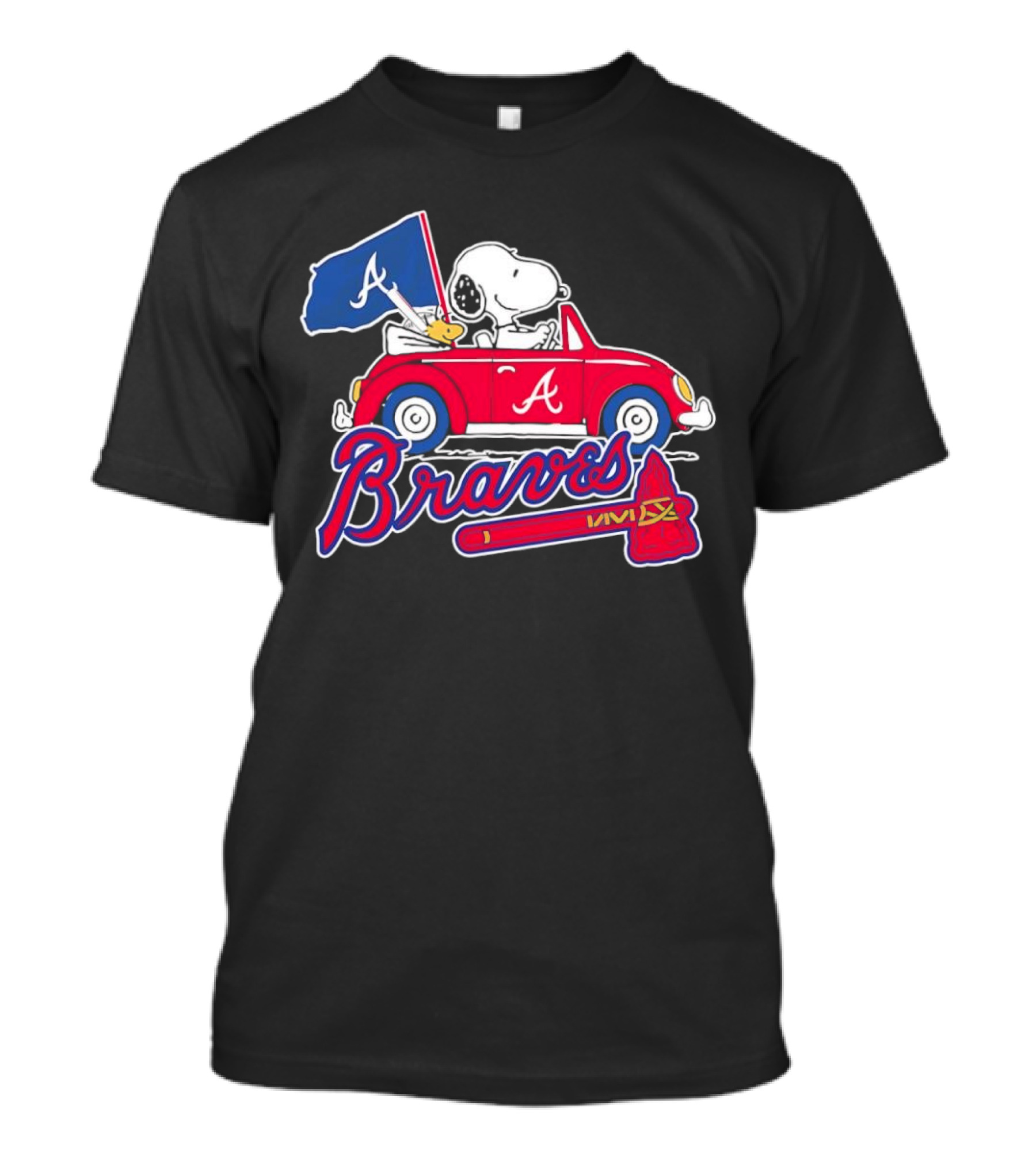 Snoopy And Woodstock Driving Car Atlanta Braves Logo Peanuts Cartoon T-Shirt