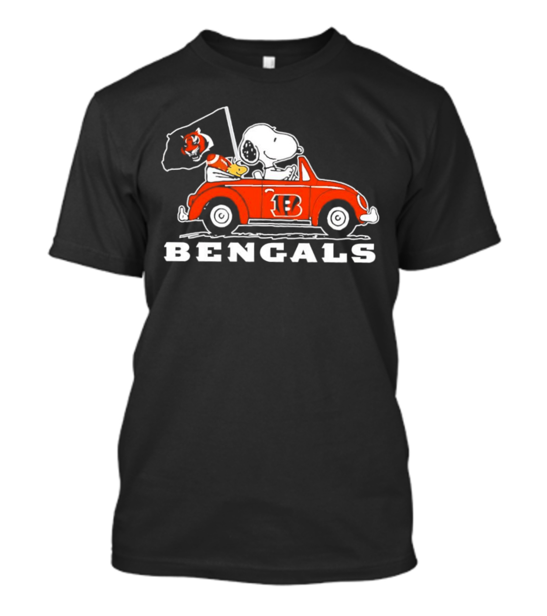Snoopy And Woodstock Driving Cincinnati Bengals Car With Flag T-Shirt