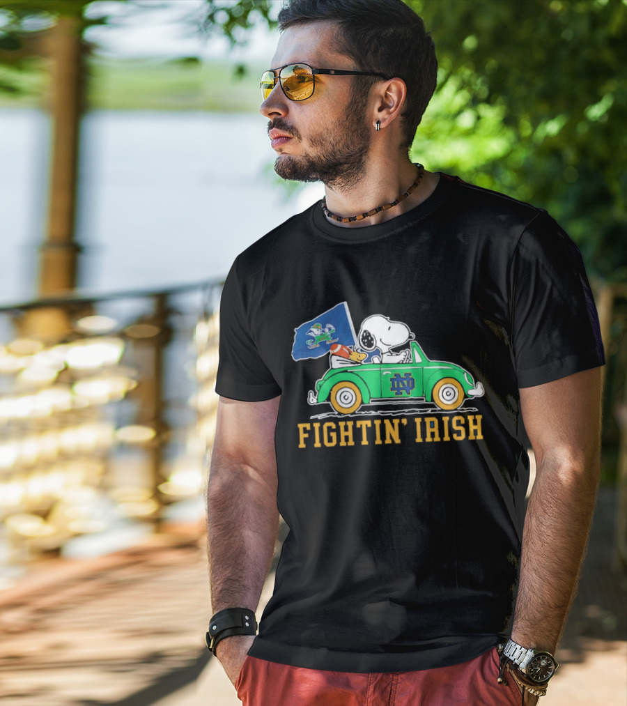 Snoopy And Woodstock Driving ND Car Fightin' Irish T-Shirt