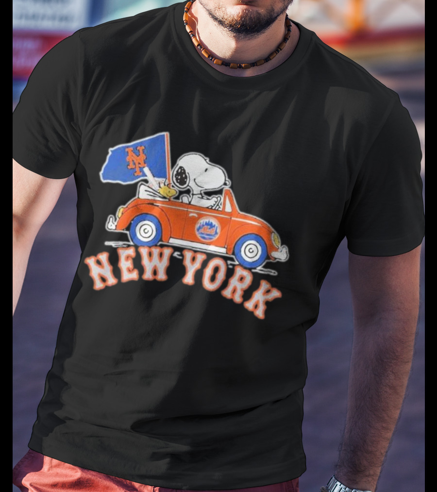 Snoopy Driving Car With New York Mets Flag T-Shirt