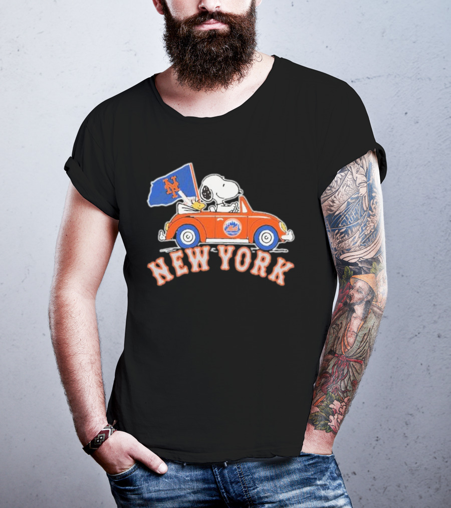Snoopy Driving Car With New York Mets Flag T-Shirt