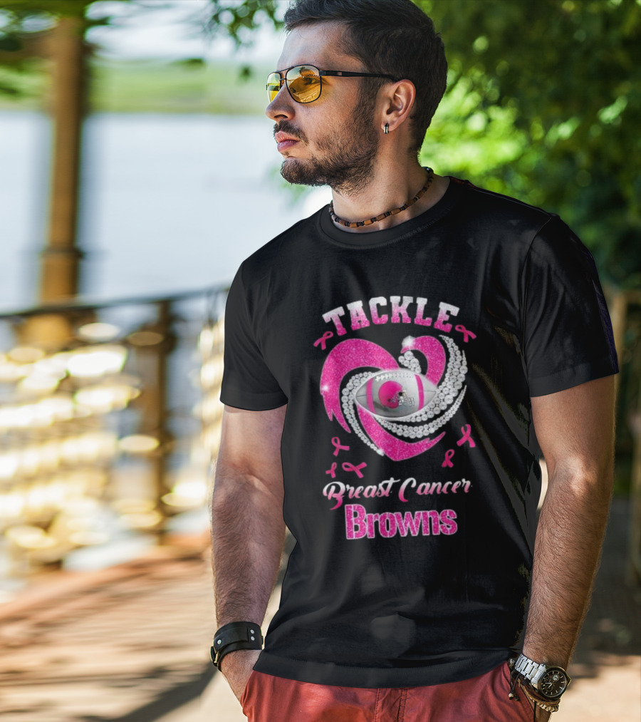 Tackle Breast Cancer Browns Pink Ribbon Football T-Shirt