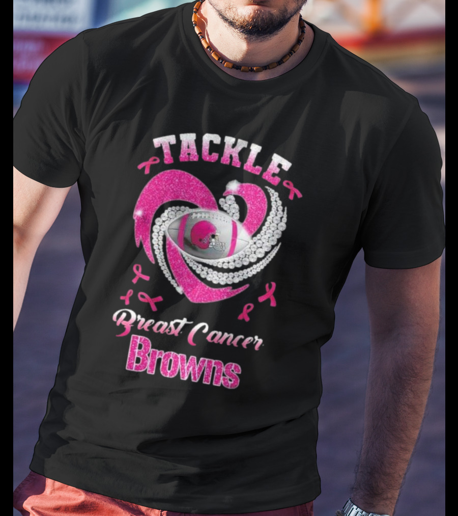 Tackle Breast Cancer Browns Pink Ribbon Football T-Shirt