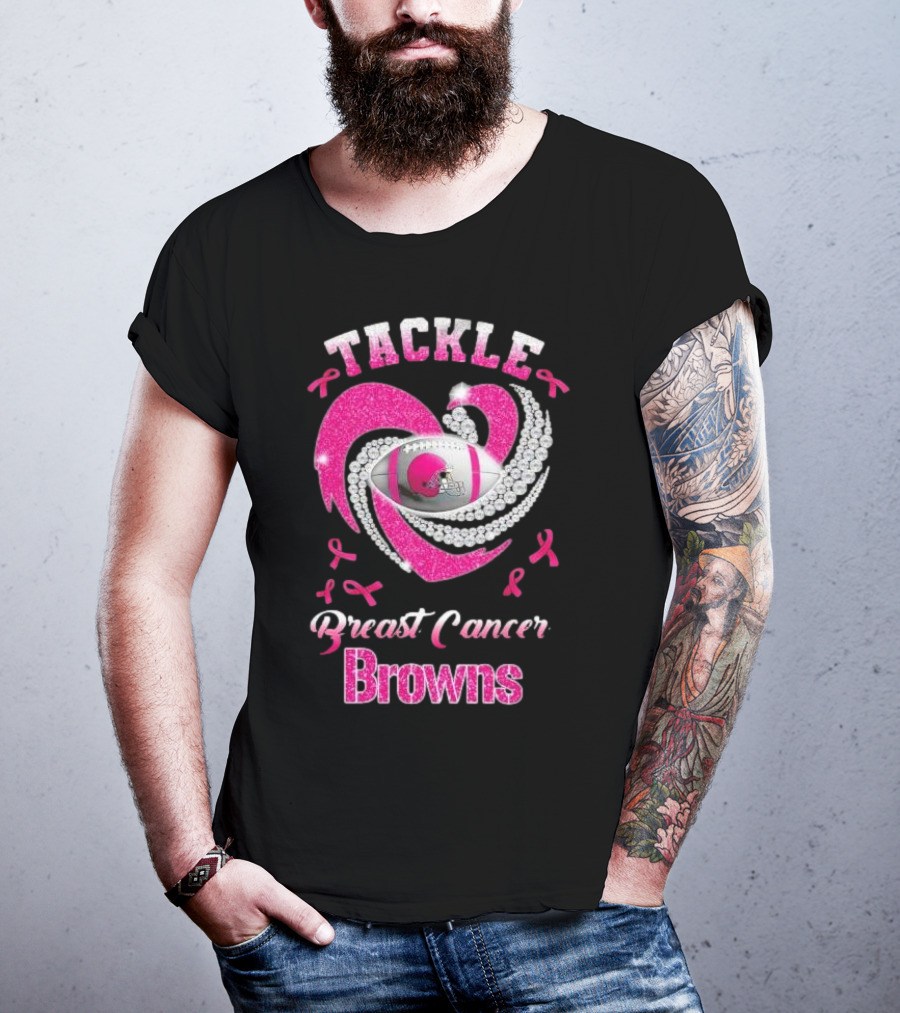 Tackle Breast Cancer Browns Pink Ribbon Football T-Shirt