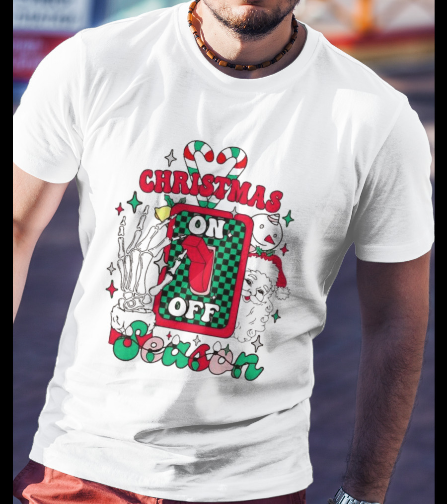Christmas Season On Off Skeleton Hand Santa Claus T-Shirt