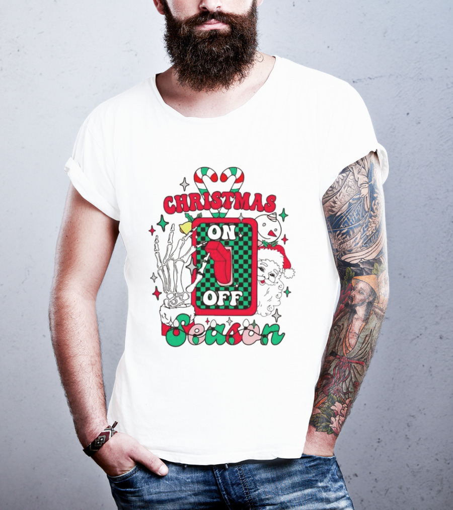 Christmas Season On Off Skeleton Hand Santa Claus T-Shirt