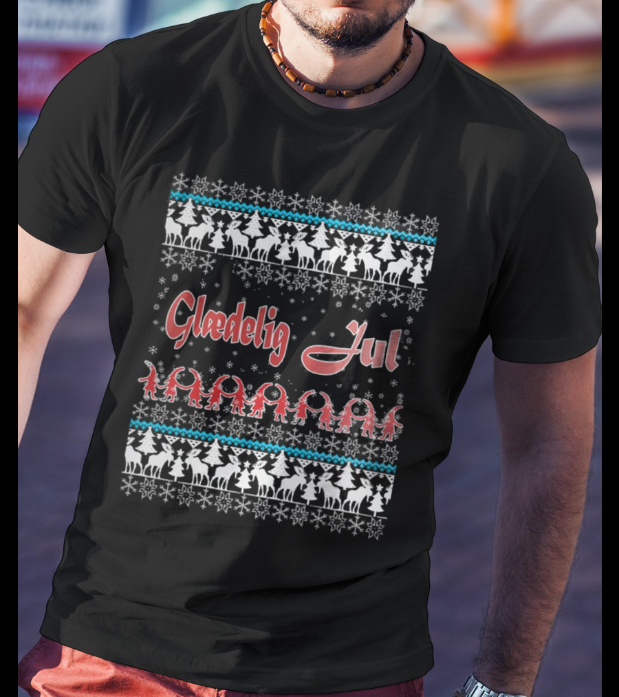 Glædelig Jul Christmas Denmark Snowflakes Trees Nordic T-Shirt