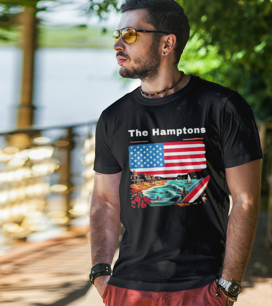 The Hamptons American Flag Beach Oceanside Surfing Scene T-Shirt