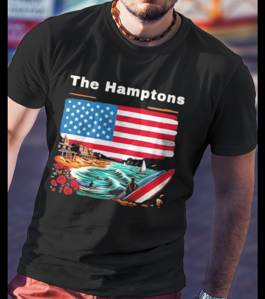The Hamptons American Flag Beach Oceanside Surfing Scene T-Shirt