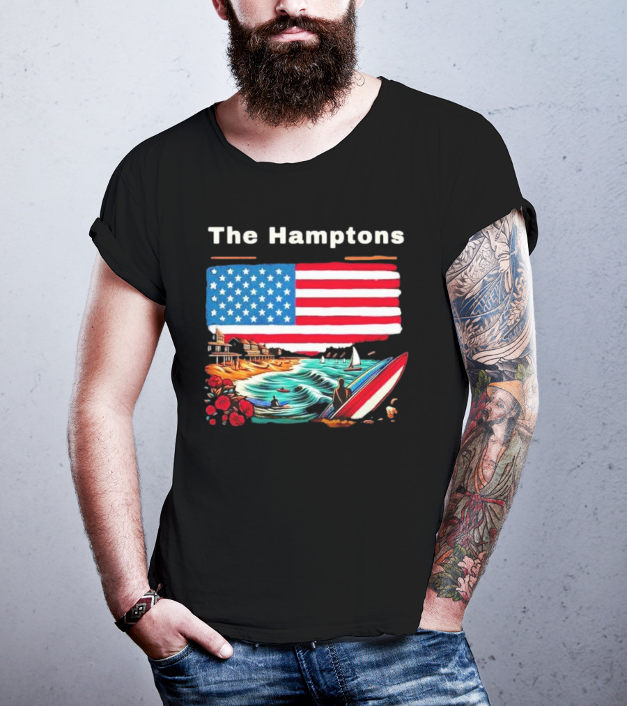 The Hamptons American Flag Beach Oceanside Surfing Scene T-Shirt