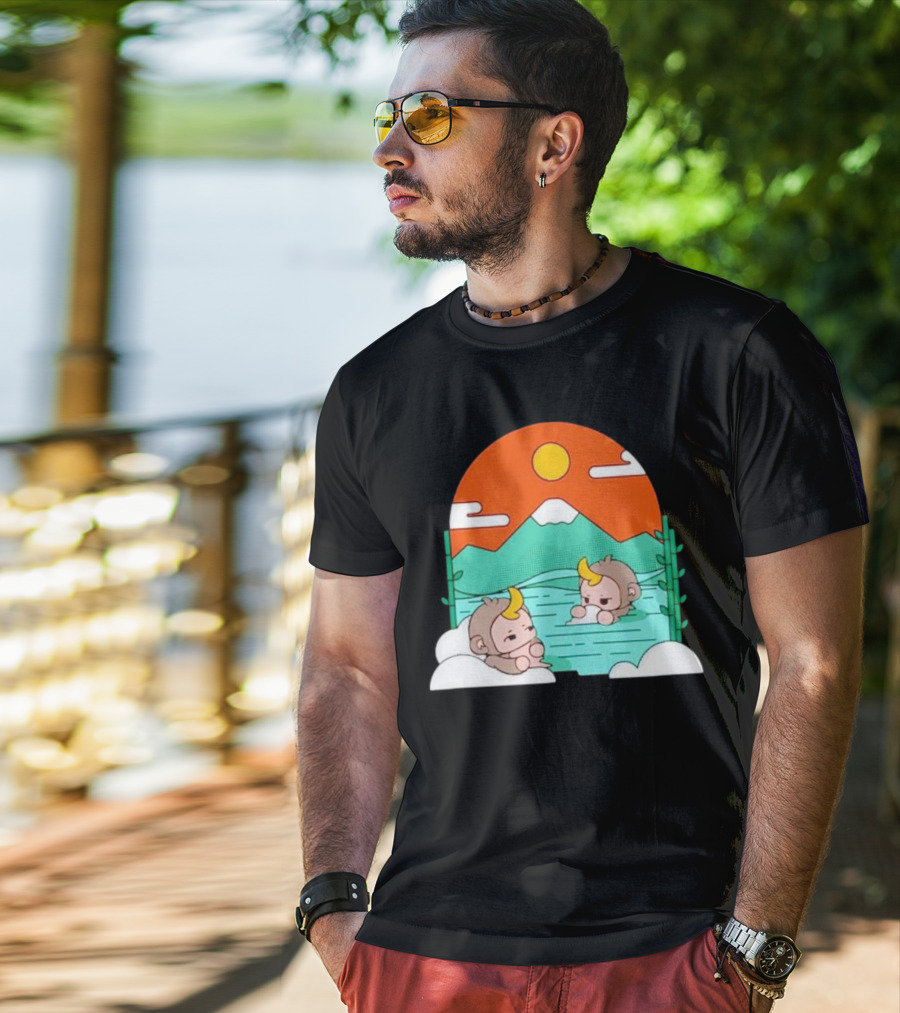 The Tranquil Monkey Hot Spring Relaxation Scene With Mountains And Sun T-Shirt