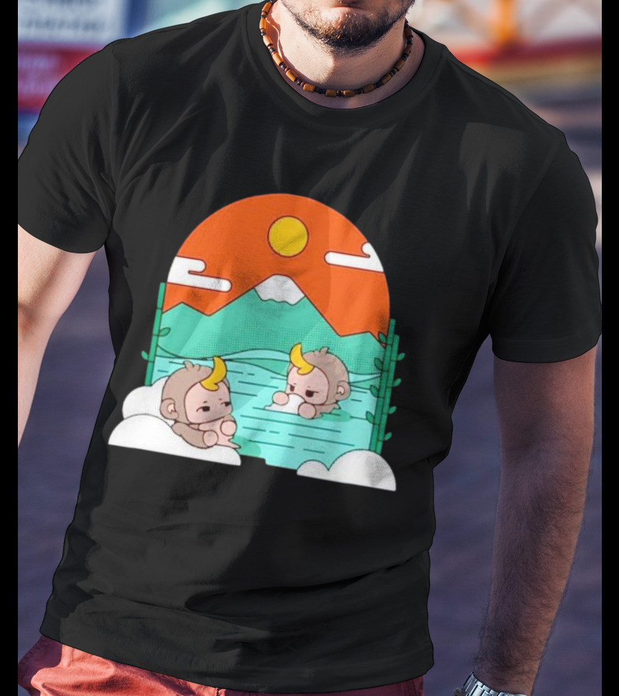 The Tranquil Monkey Hot Spring Relaxation Scene With Mountains And Sun T-Shirt