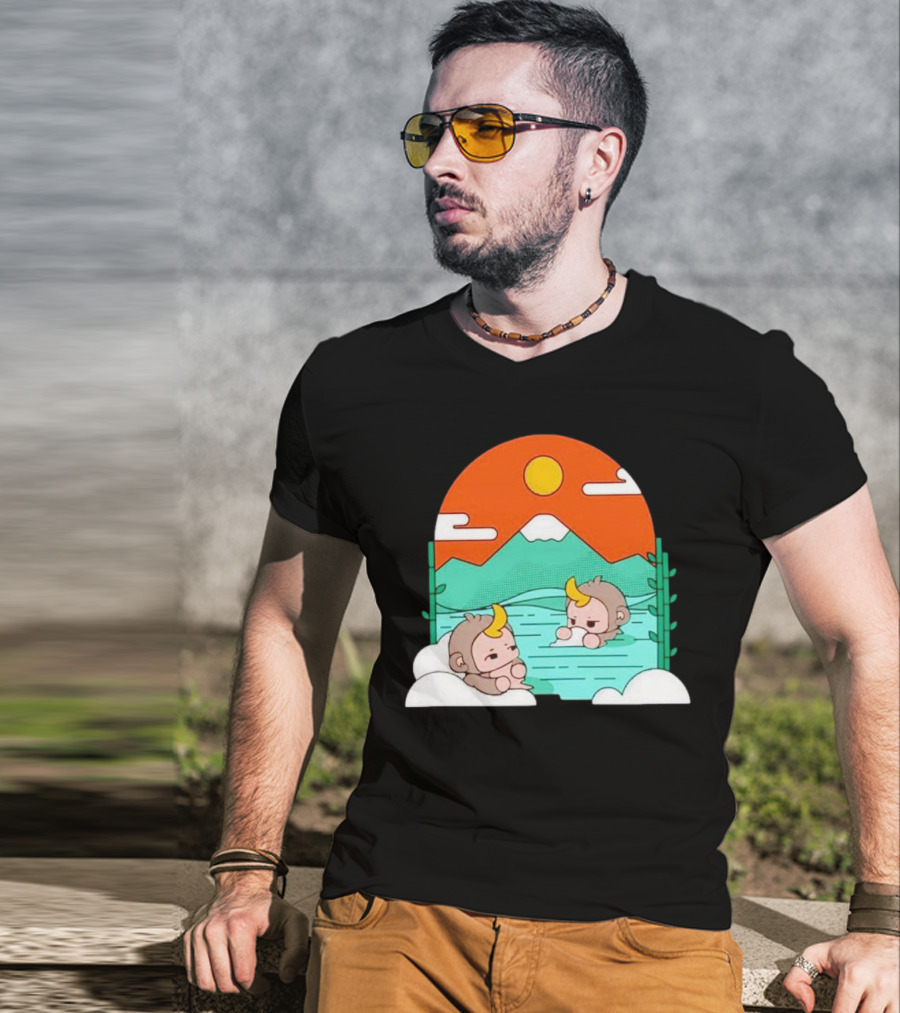 The Tranquil Monkey Hot Spring Relaxation Scene With Mountains And Sun T-Shirt
