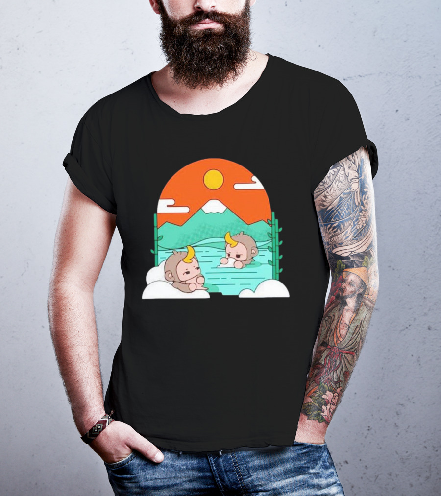 The Tranquil Monkey Hot Spring Relaxation Scene With Mountains And Sun T-Shirt