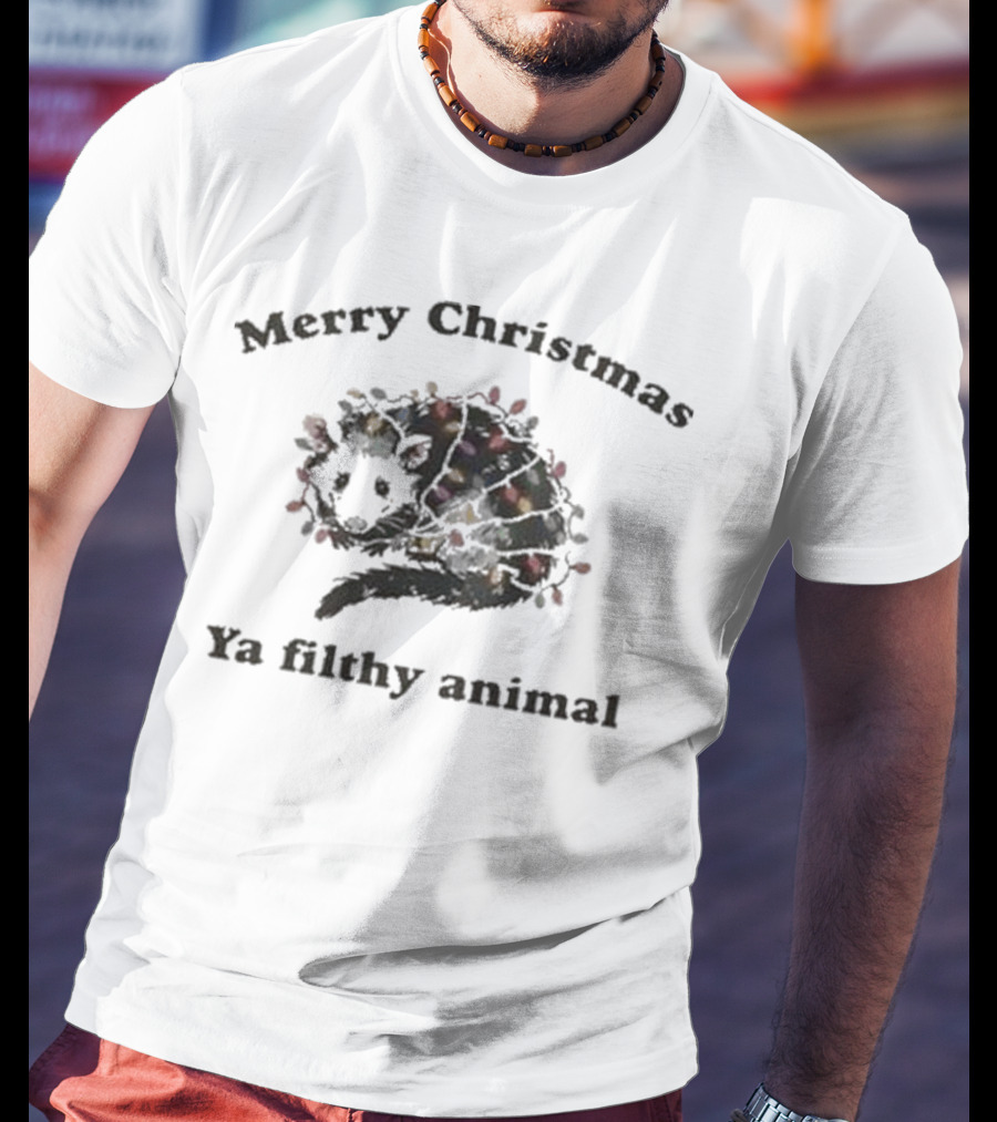 Merry Christmas Ya Filthy Animal Opossum With Christmas Lights T-Shirt