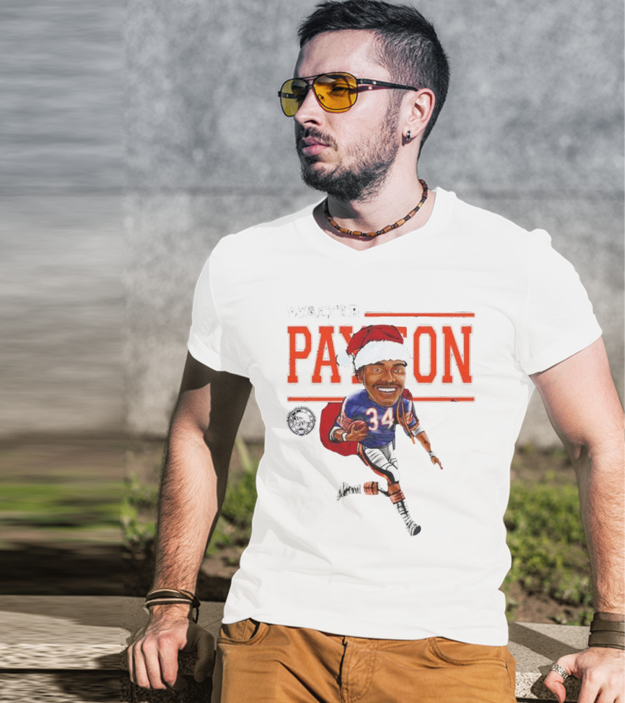 Walter Payton Chicago Bears 34 Santa Hat Caricature T-Shirt