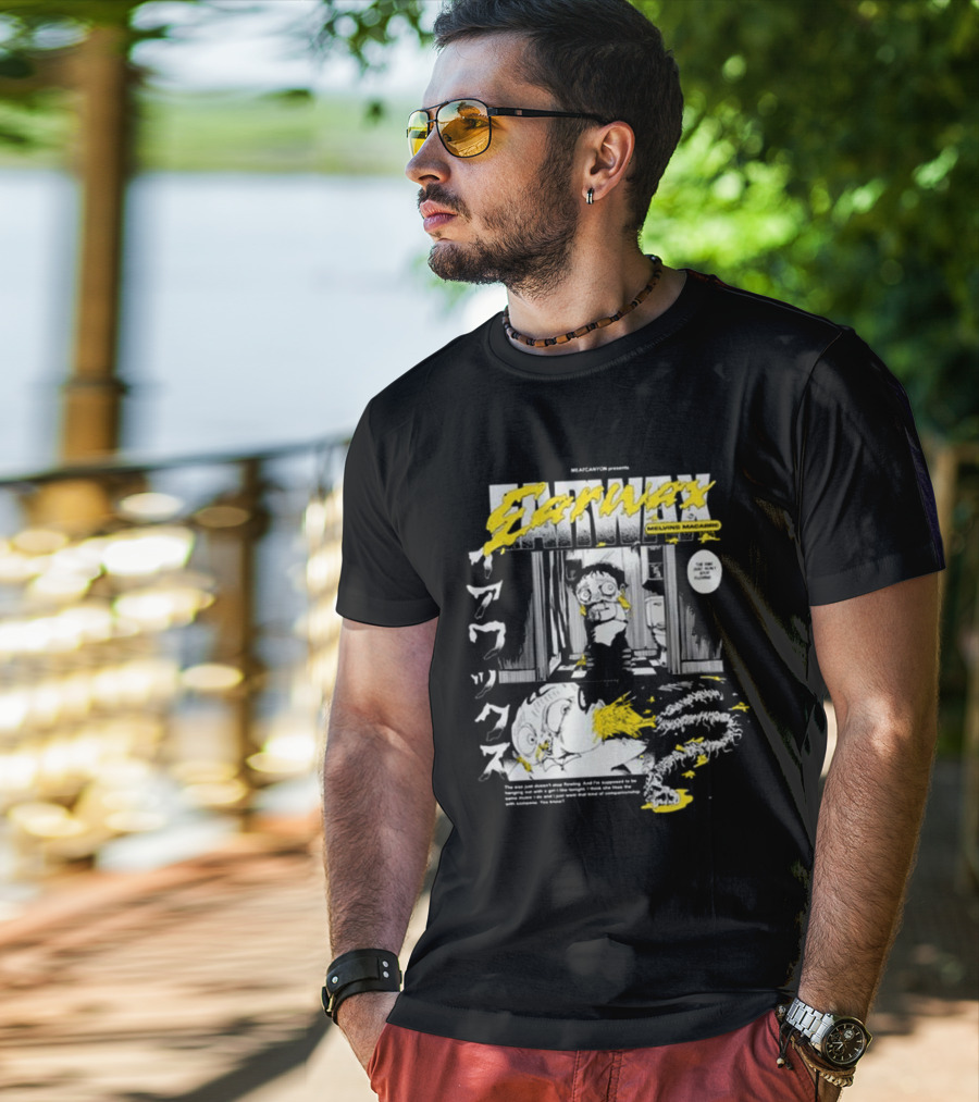 MEATCANYON Presents Earwax Melvin's Macabre Manga Comic Creepy Yellow Text Character Panels T-Shirt