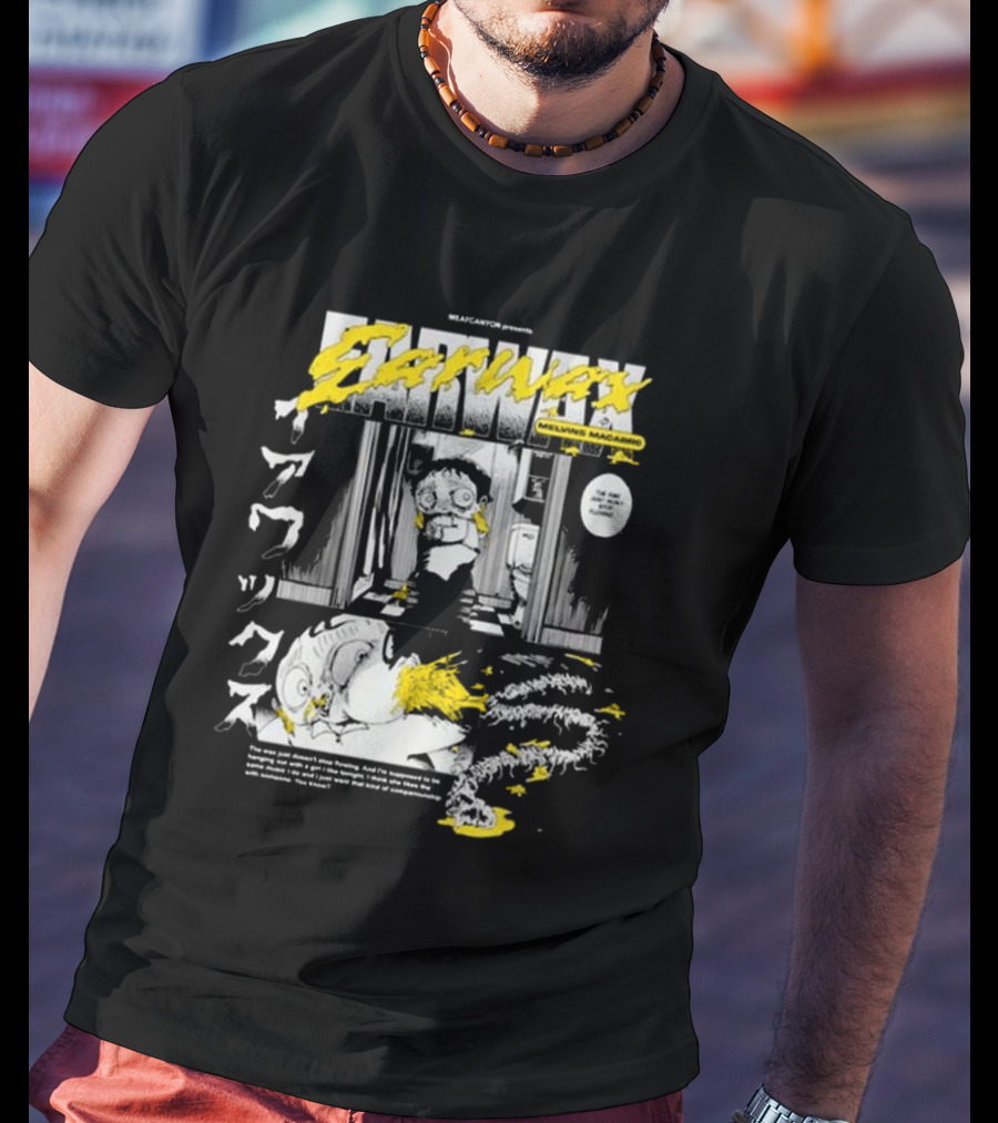 MEATCANYON Presents Earwax Melvin's Macabre Manga Comic Creepy Yellow Text Character Panels T-Shirt