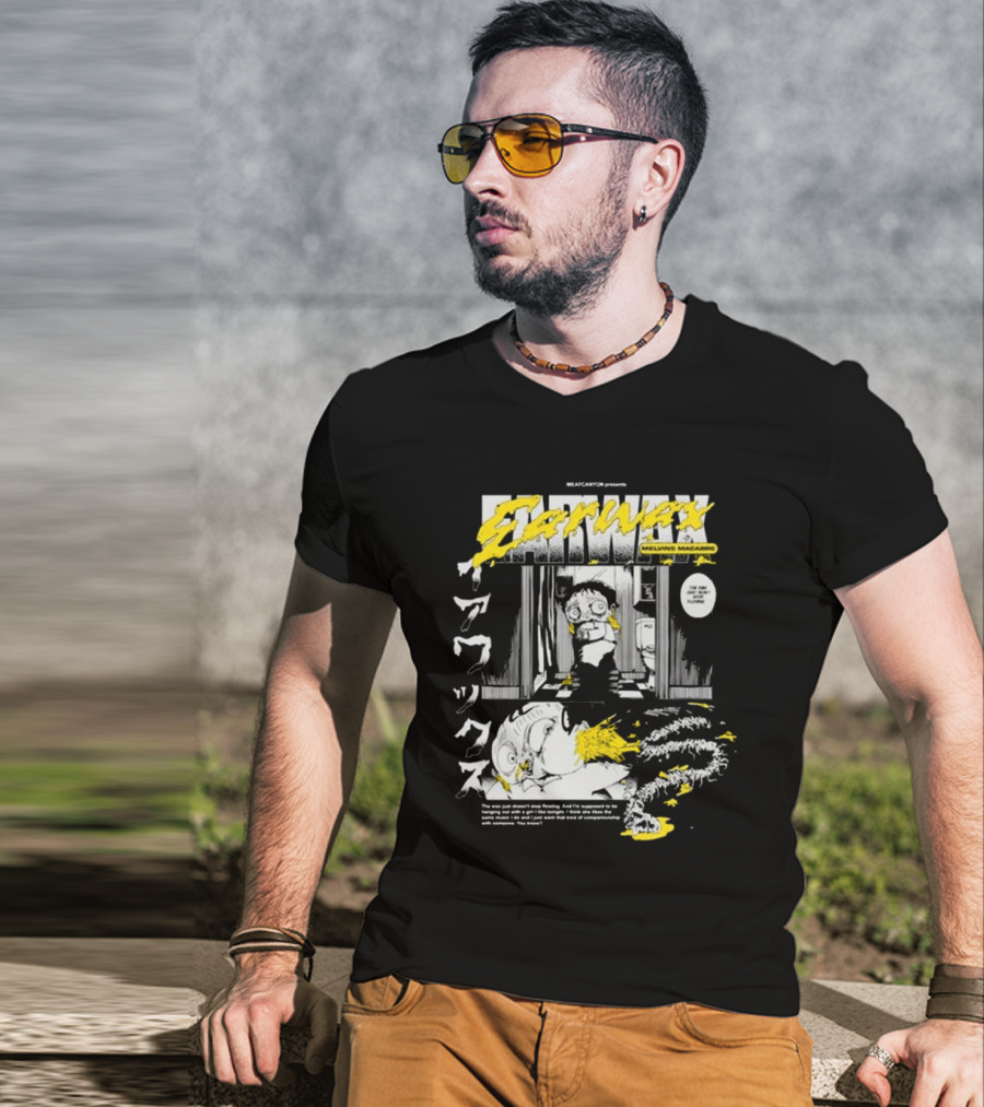 MEATCANYON Presents Earwax Melvin's Macabre Manga Comic Creepy Yellow Text Character Panels T-Shirt