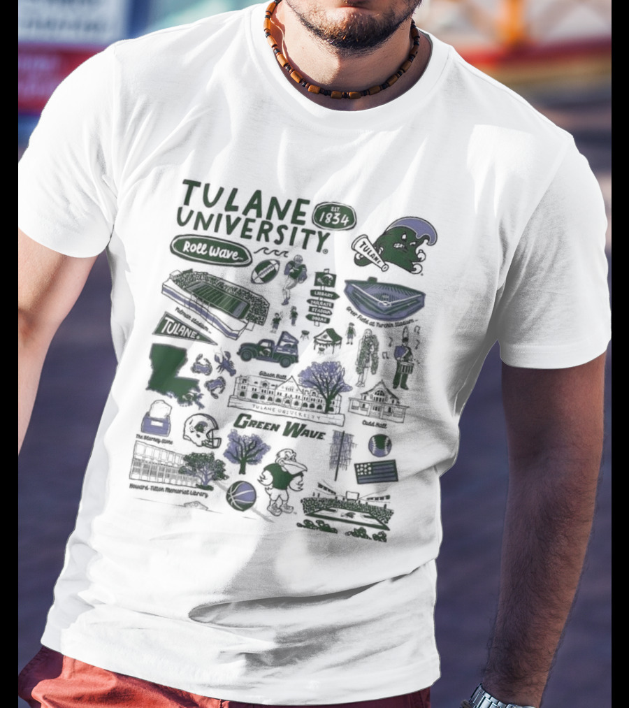 Tulane University Green Wave Roll Wave New Orleans Landmarks Est 1834 Tulane Stadium Riptide Mascot Iconography T-Shirt