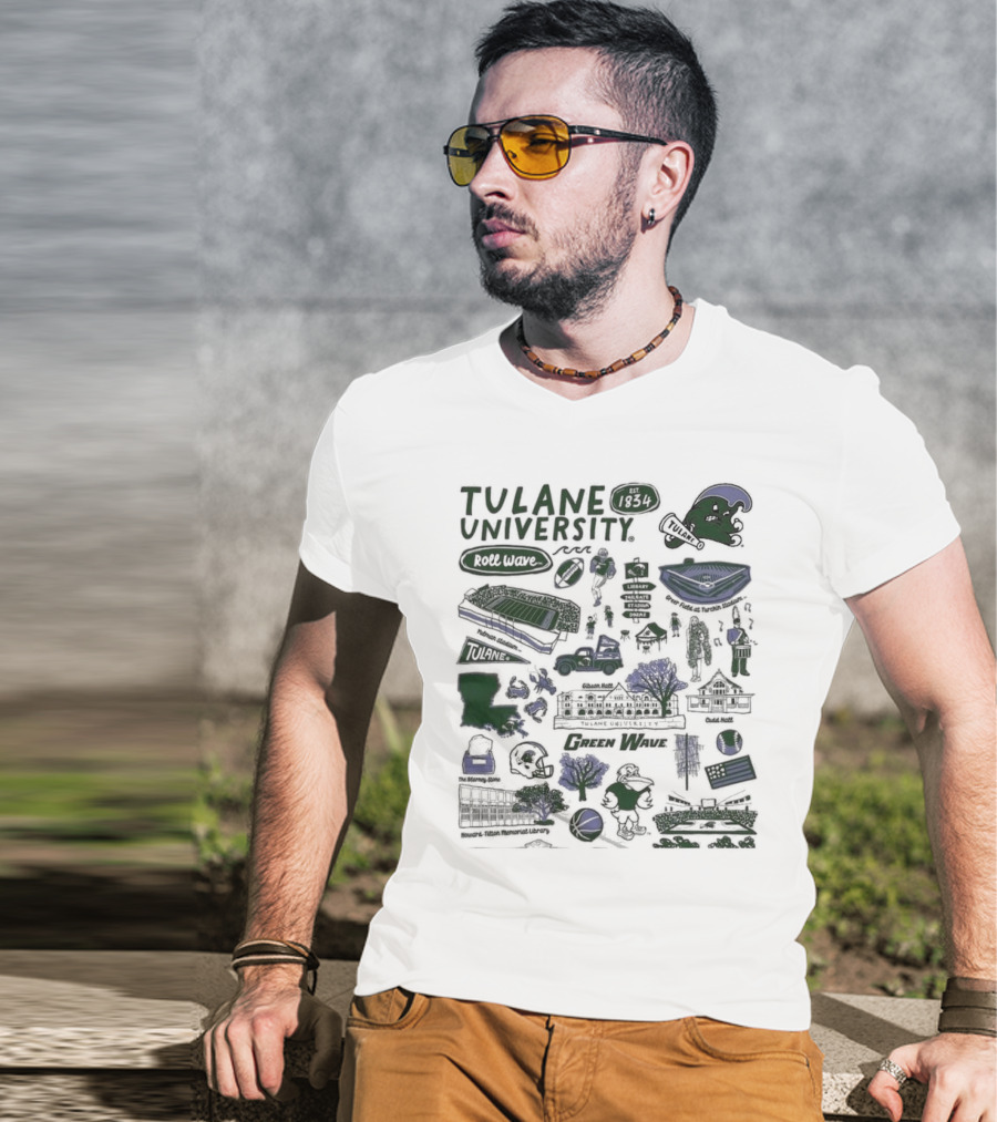 Tulane University Green Wave Roll Wave New Orleans Landmarks Est 1834 Tulane Stadium Riptide Mascot Iconography T-Shirt