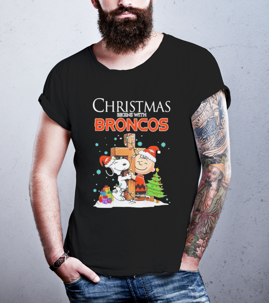 Christmas Begins With Broncos Charlie Brown Snoopy Hug Cross T-Shirt