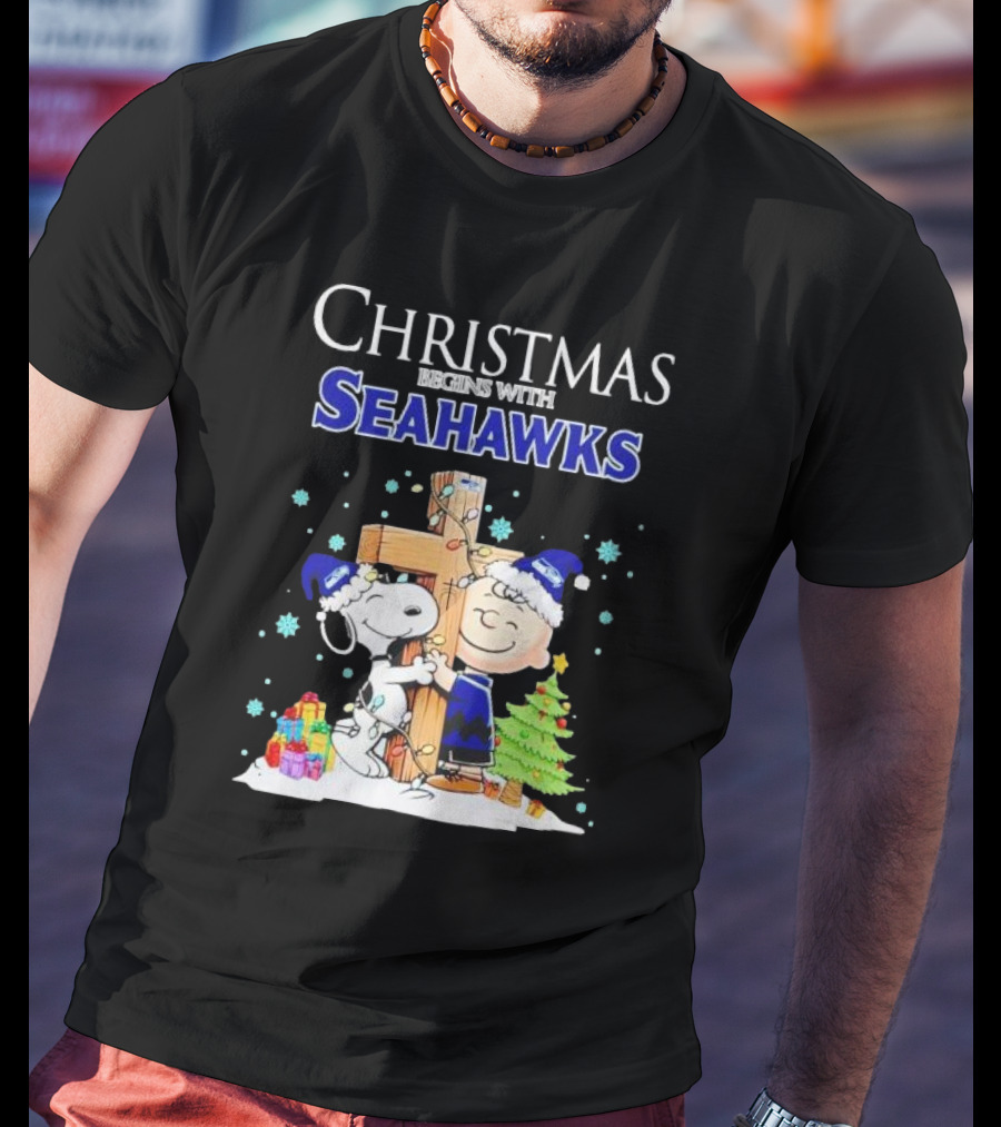 Christmas Begins With Seahawks Charlie Brown Snoopy Jesus Cross T-Shirt