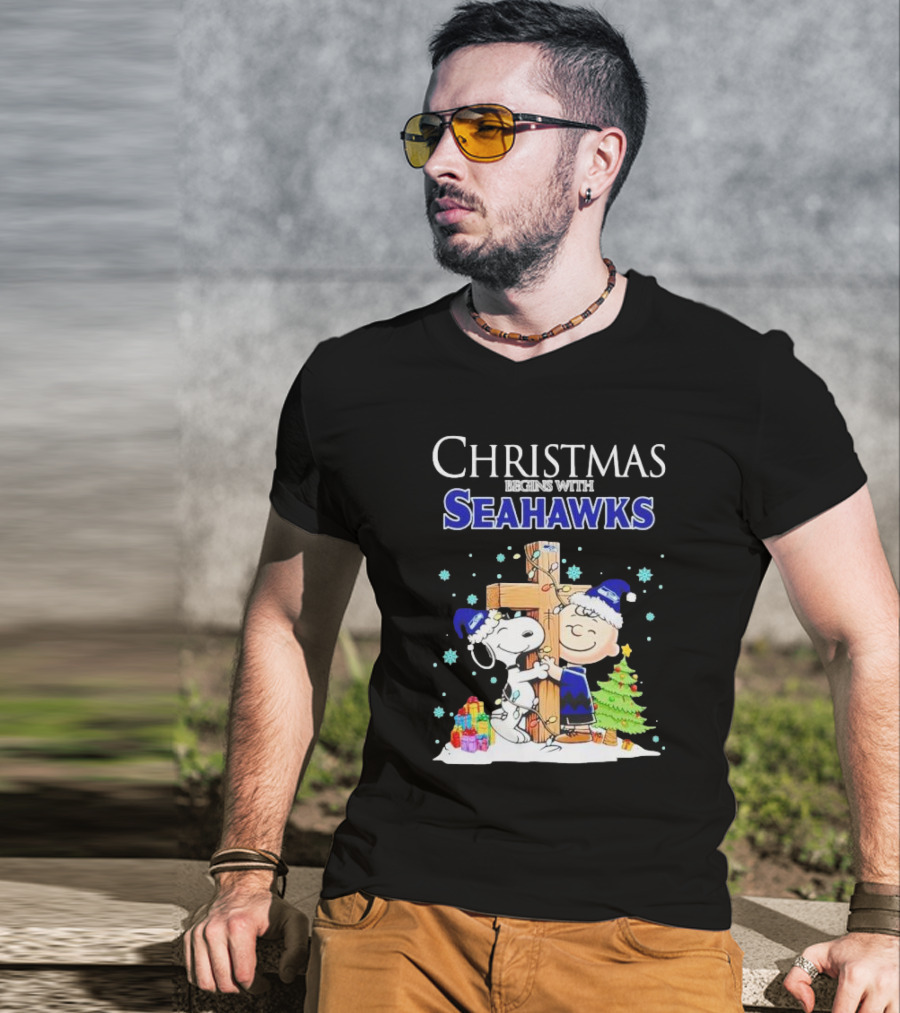 Christmas Begins With Seahawks Charlie Brown Snoopy Jesus Cross T-Shirt
