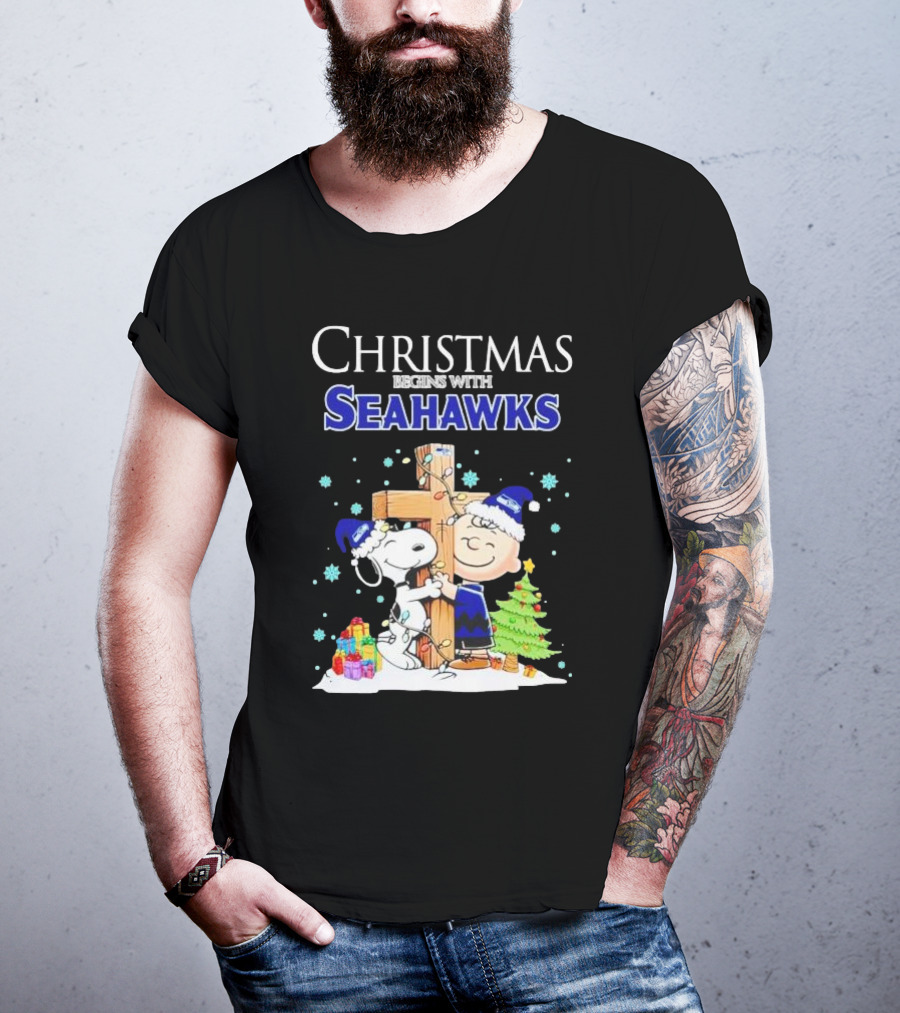 Christmas Begins With Seahawks Charlie Brown Snoopy Jesus Cross T-Shirt