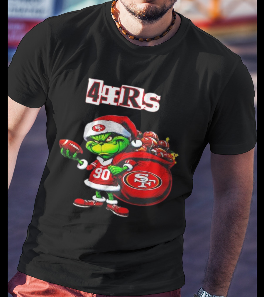 San Francisco 49ers Grinch With Santa Hat And Football Sack Christmas T-Shirt
