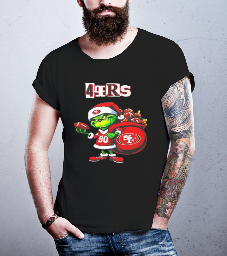 San Francisco 49ers Grinch With Santa Hat And Football Sack Christmas T-Shirt