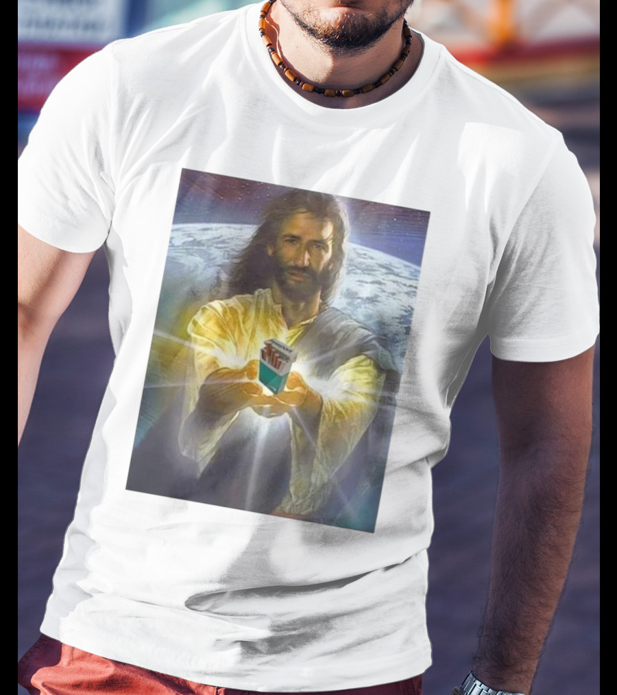 Jesus Offering Marlboro Cigarettes On Cosmic Background T-Shirt