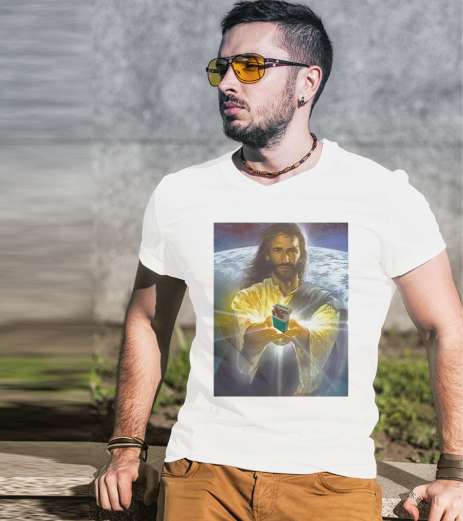 Jesus Offering Marlboro Cigarettes On Cosmic Background T-Shirt