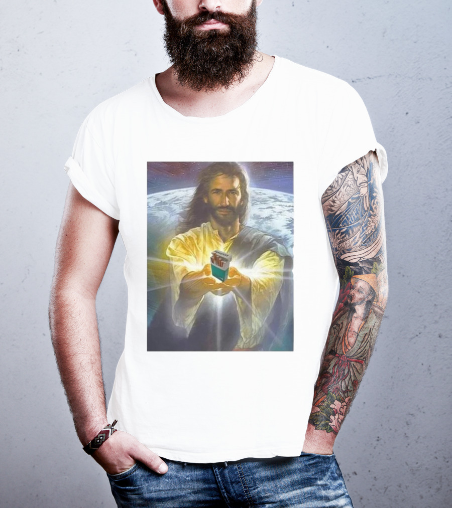 Jesus Offering Marlboro Cigarettes On Cosmic Background T-Shirt