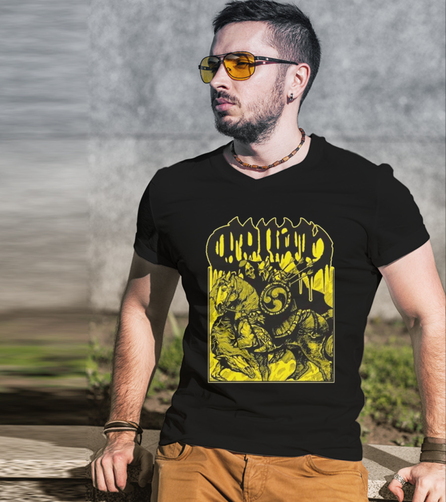 Conan Horseback Warrior With Shield And Hammer On Black And Yellow T-Shirt