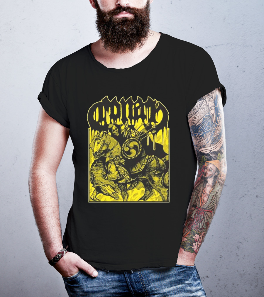 Conan Horseback Warrior With Shield And Hammer On Black And Yellow T-Shirt