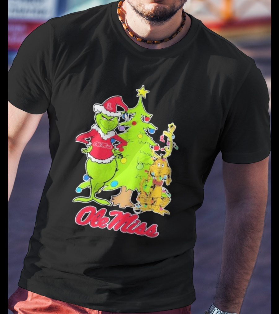 Ole Miss Rebels Grinch And Max Dog Christmas Tree T-Shirt