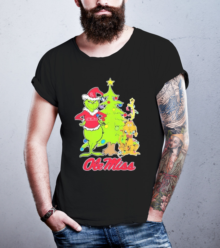 Ole Miss Rebels Grinch And Max Dog Christmas Tree T-Shirt