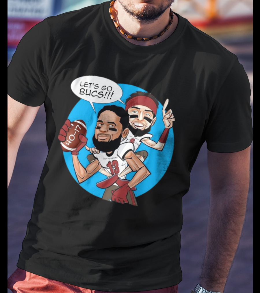 Tampa Bay Buccaneers Mike Evans Baker Mayfield Let's Go Bucs 40-17 Cartoon T-Shirt
