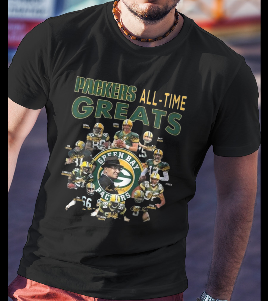 Packers All-Time Greats Green Bay Legends Signatures Brett Favre Bart Starr T-Shirt