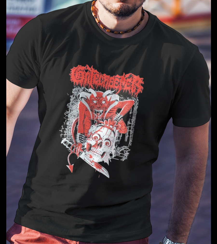 Gatecreeper Skinned Red Demon Skull Knife T-Shirt
