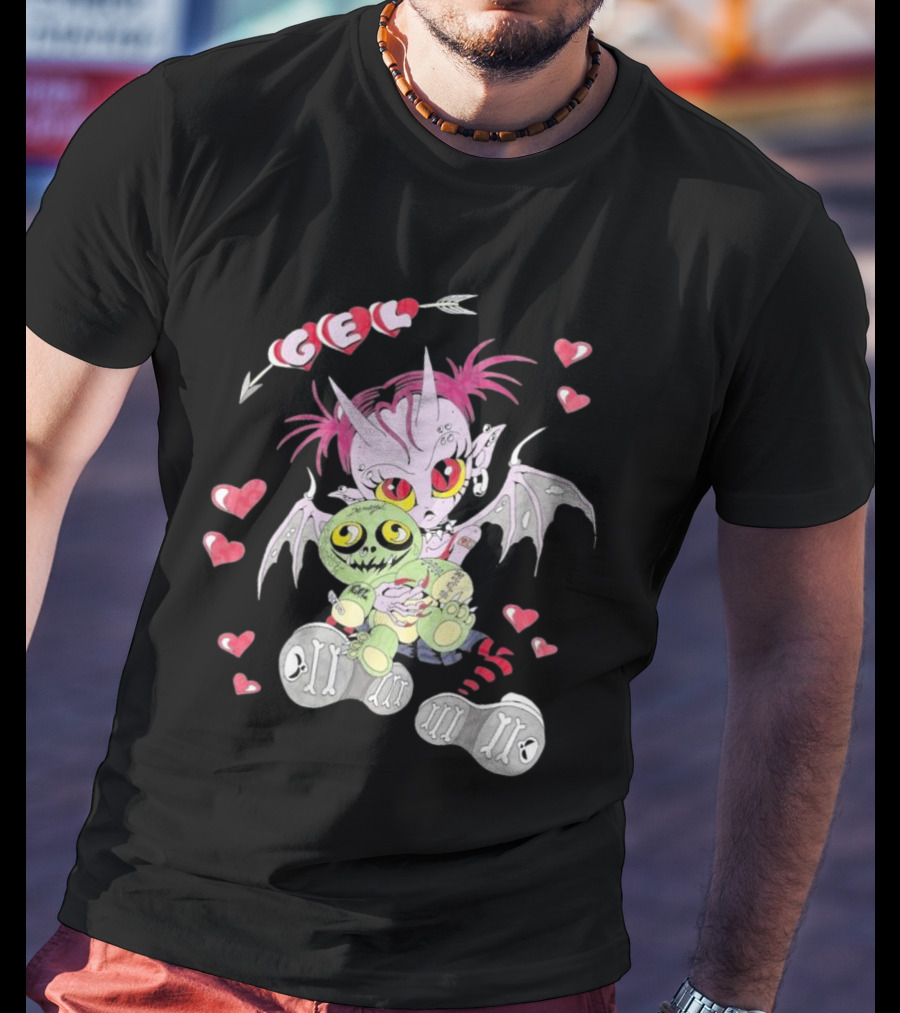 Gelhardcore Turbo Bat Creature Holding Plush Surrounded By Hearts T-Shirt