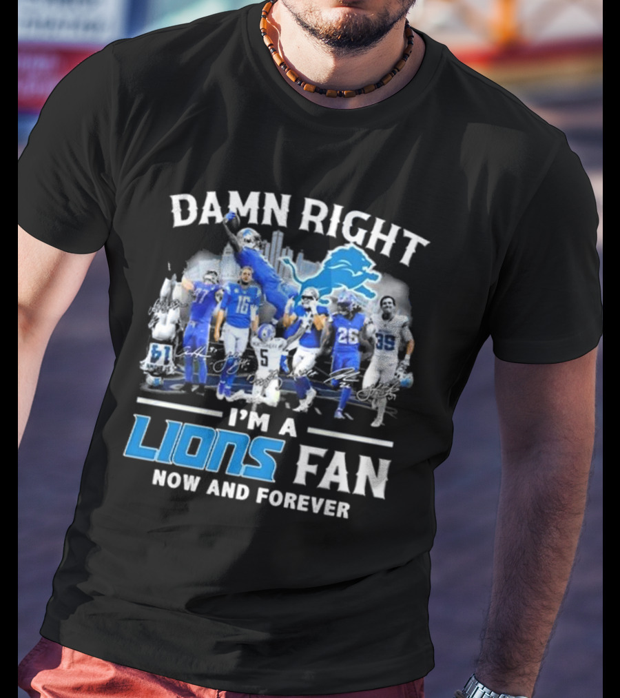 Damn Right I'm A Detroit Lions Fan Now And Forever Signatures Skyline T-Shirt