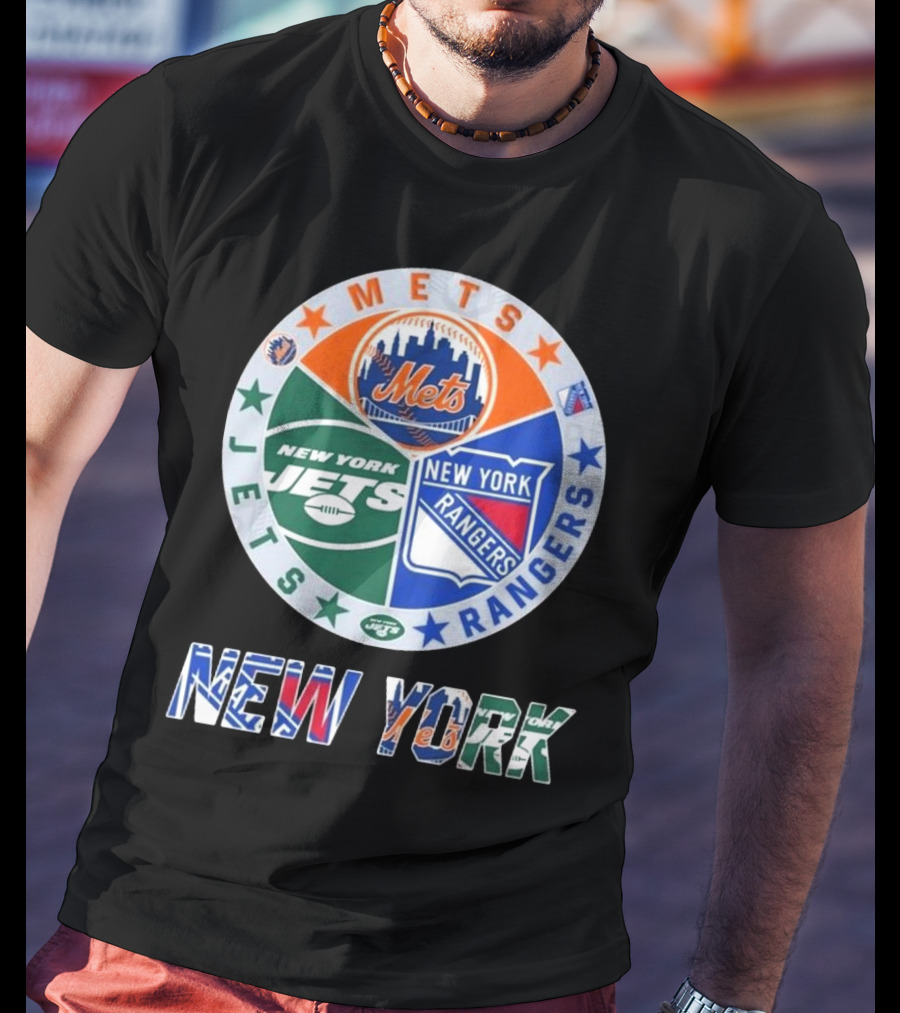New York Mets Rangers Jets Circle Logo Skyline Baseball Football Hockey Teams T-Shirt