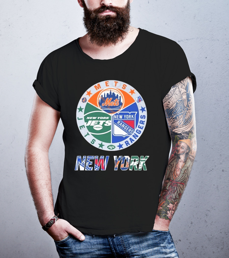 New York Mets Rangers Jets Circle Logo Skyline Baseball Football Hockey Teams T-Shirt